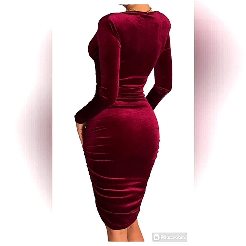 HUHOT WINE VELVET PLUNGING NECKLINE MINI BODYCON DRESS NWOT SIZE L - Picture 3 of 12
